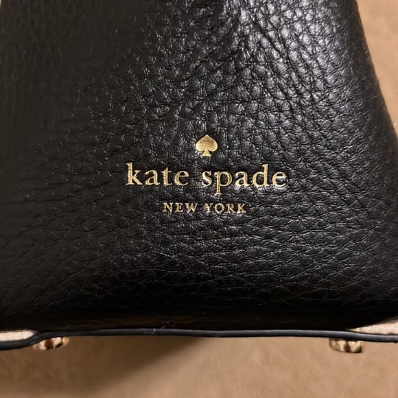 KATE SPADE Black Leather White Woven Patterned Silver Tone Hardware Tote Handbag - Picture 4 of 12